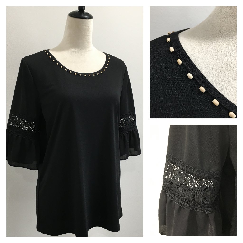 Karl Lagerfeld Black Short-3/4 Ruffle Lace Insert Sleeve Beaded Collar Shirt